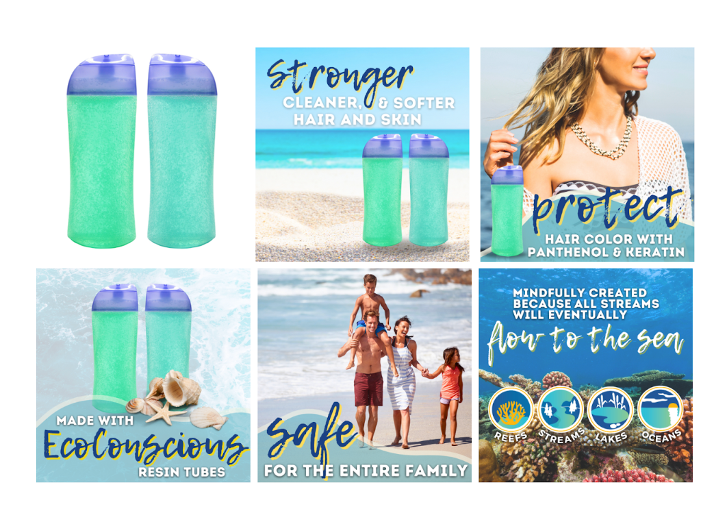 Collage of colorful reusable water bottles with beach and family lifestyle promo text.