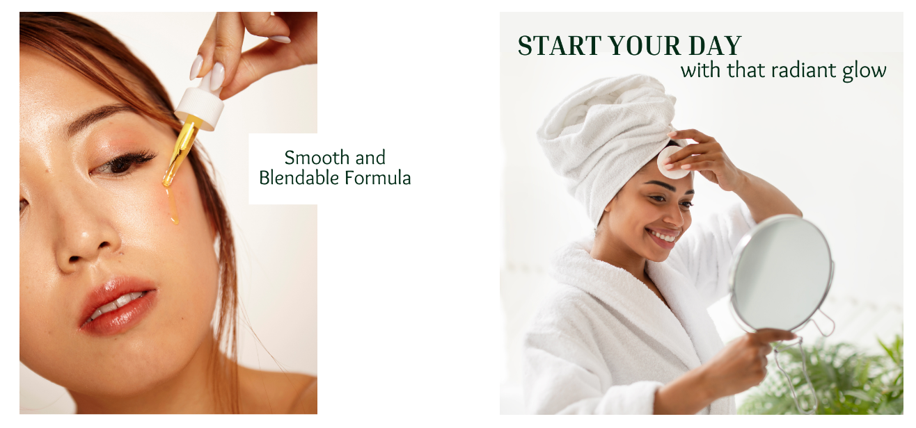 Split-screen beauty ad: gold eye makeup on left, woman in white robe holding mirror on right with “Start your day” text