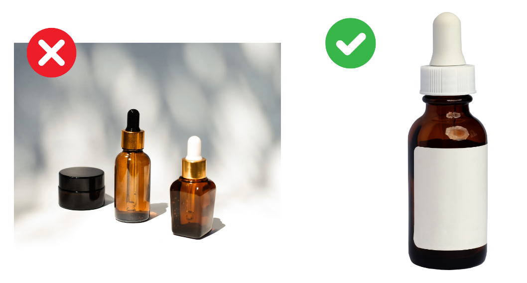 Incorrect and correct dropper bottle examples, with the right bottle marked by a green check.