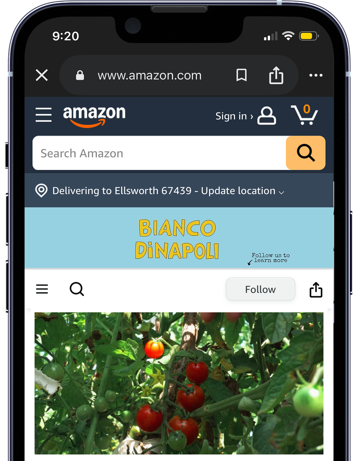 Amazon mobile page showing a Bako Bikalu banner and a tomato plant with ripe red tomatoes