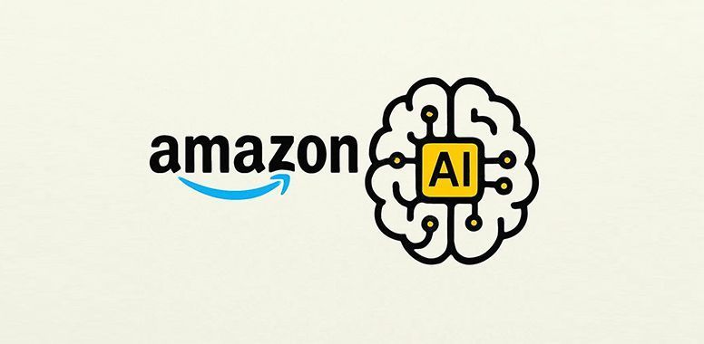 Amazon logo beside a brain icon with a yellow AI label