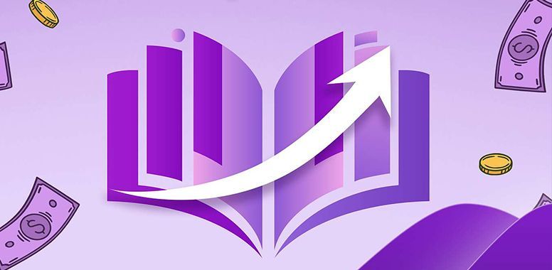 Purple open book with a white upward arrow and floating money icons on a lavender background