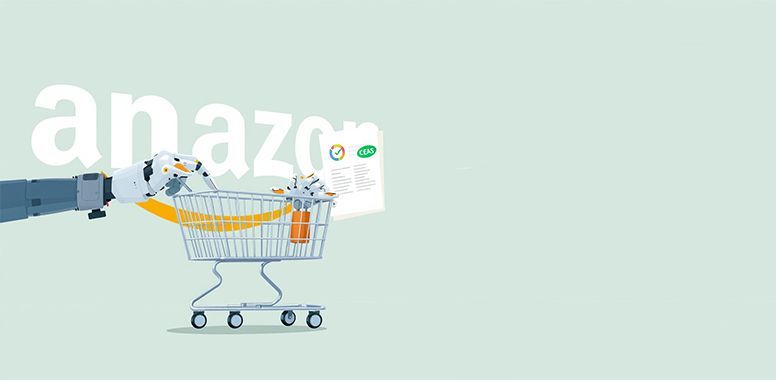 Amazon shopping cart with a package on a light teal background