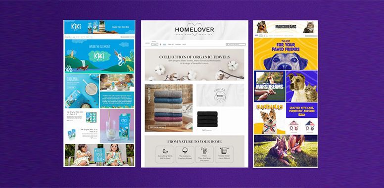 Three mobile webpage mockups on a purple background, showing colorful and neutral home decor layouts.