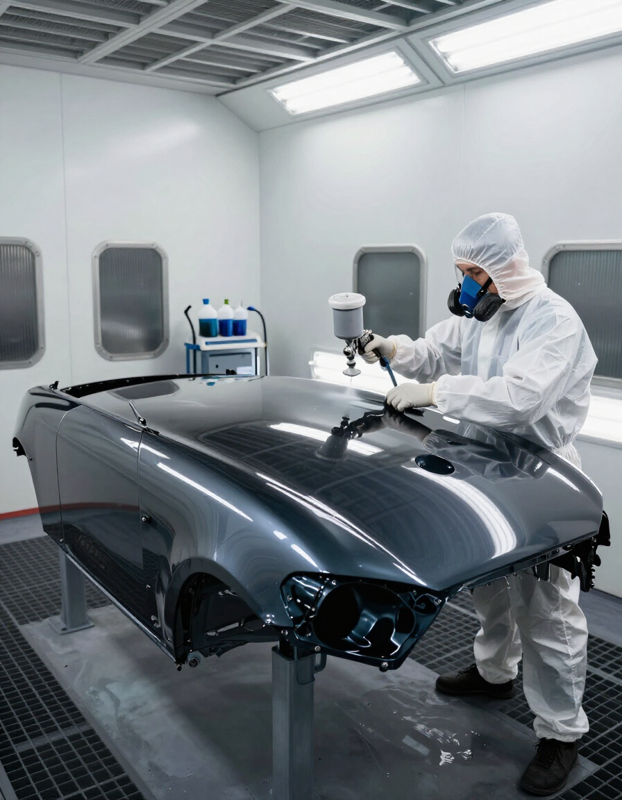 Técnico automotriz aplicando pintura en cabina de rociado profesional