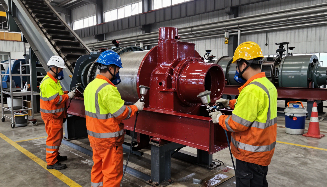 Equipo de mantenimiento industrial aplicando recubrimiento en maquinaria y estructuras de planta