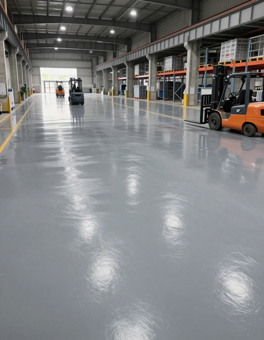 Piso epóxico liso en planta industrial con tráfico de montacargas