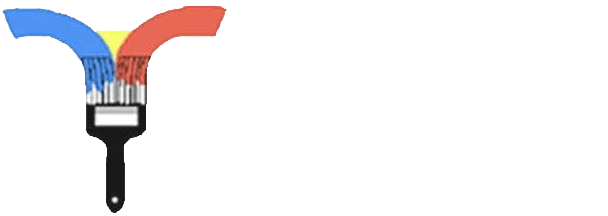 Stylized paintbrush with blue and orange paint forming a curved split shape