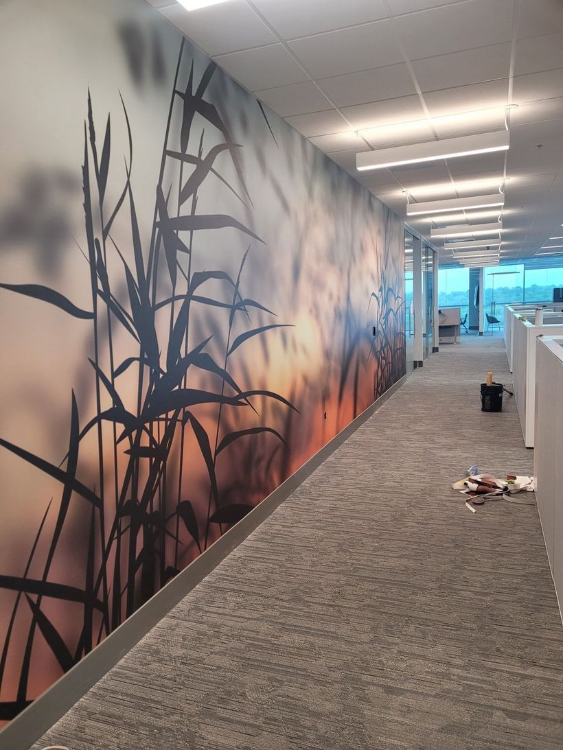 Office hallway with a mural of tall grasses, gray carpet, and a distant blue-lit window.