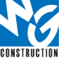 White stylized logo with blue accents above the word “CONSTRUCTION” on a black background