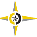 Yellow, black, and gray compass rose icon with four points and a central star