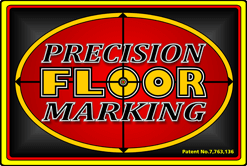 Precision Floor Marking logo on red oval, with yellow and black border and crosshair design