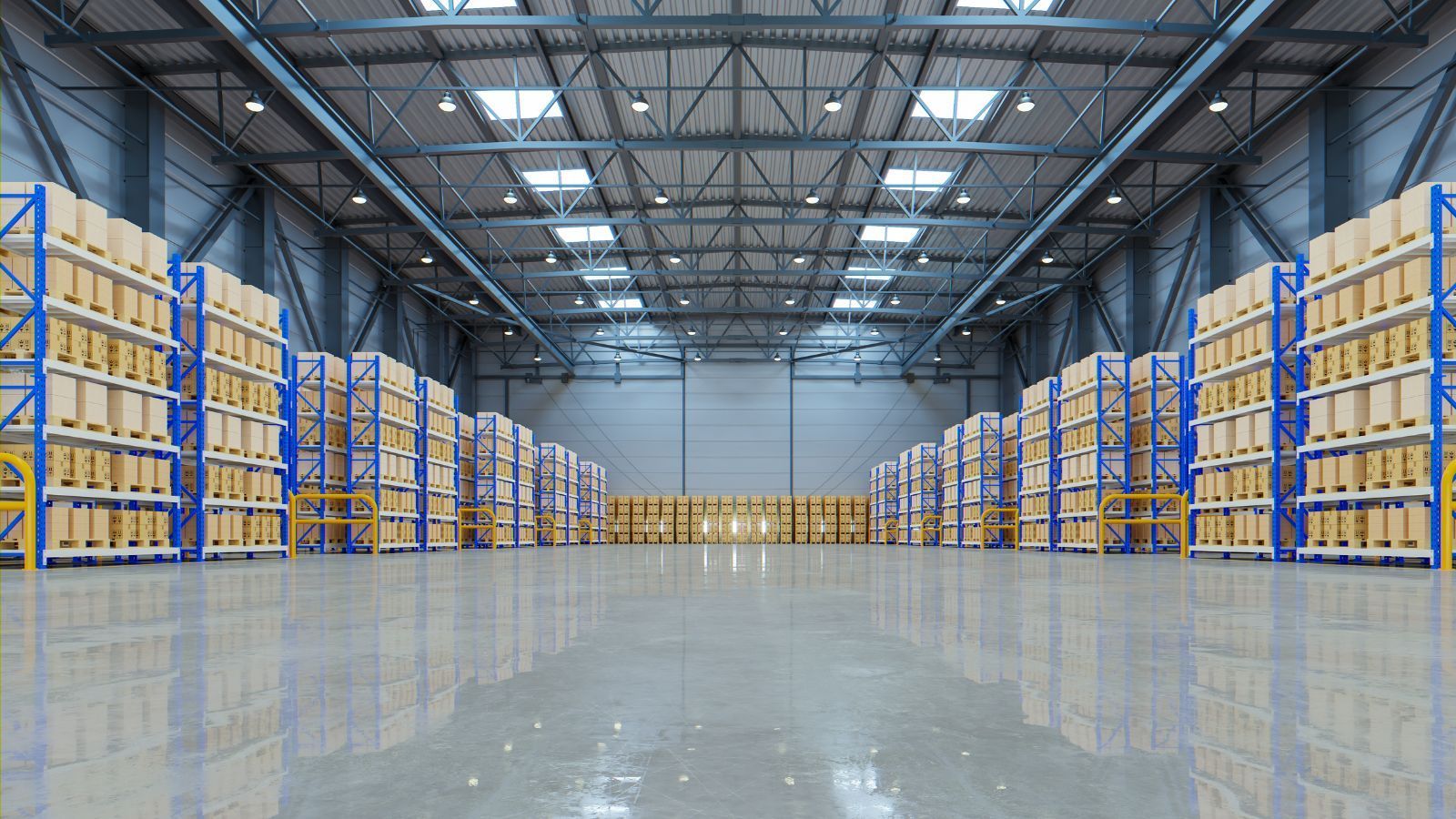 Empty warehouse aisle with tall yellow-and-blue storage racks under bright ceiling lights