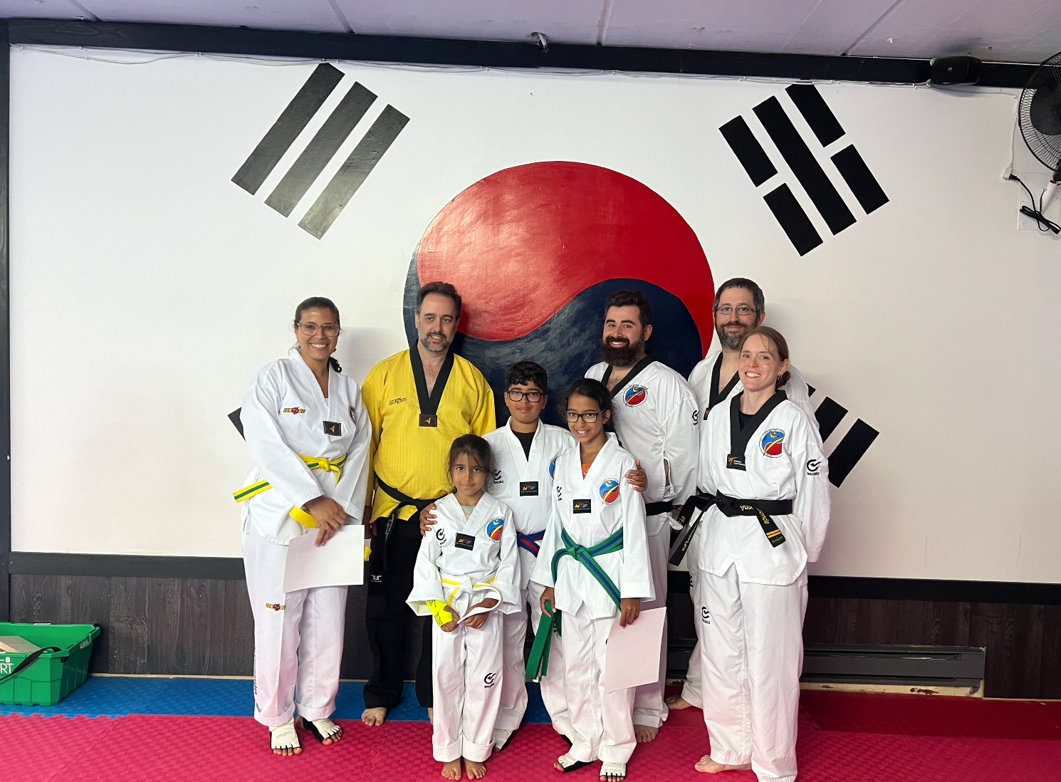 Groupe d’arts martiaux en gi blancs posant devant une fresque représentant le drapeau coréen dans un dojo