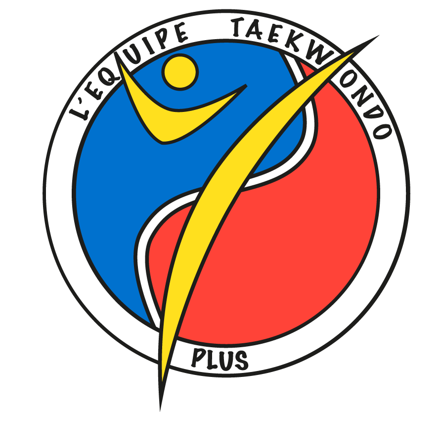 Logo de Taekwondo Plus avec une figure stylis&eacute;e bleue, rouge et jaune dans un cercle blanc
