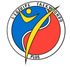 Logo de Taekwondo Plus avec un cercle bleu et rouge et une silhouette jaune donnant un coup de pied
