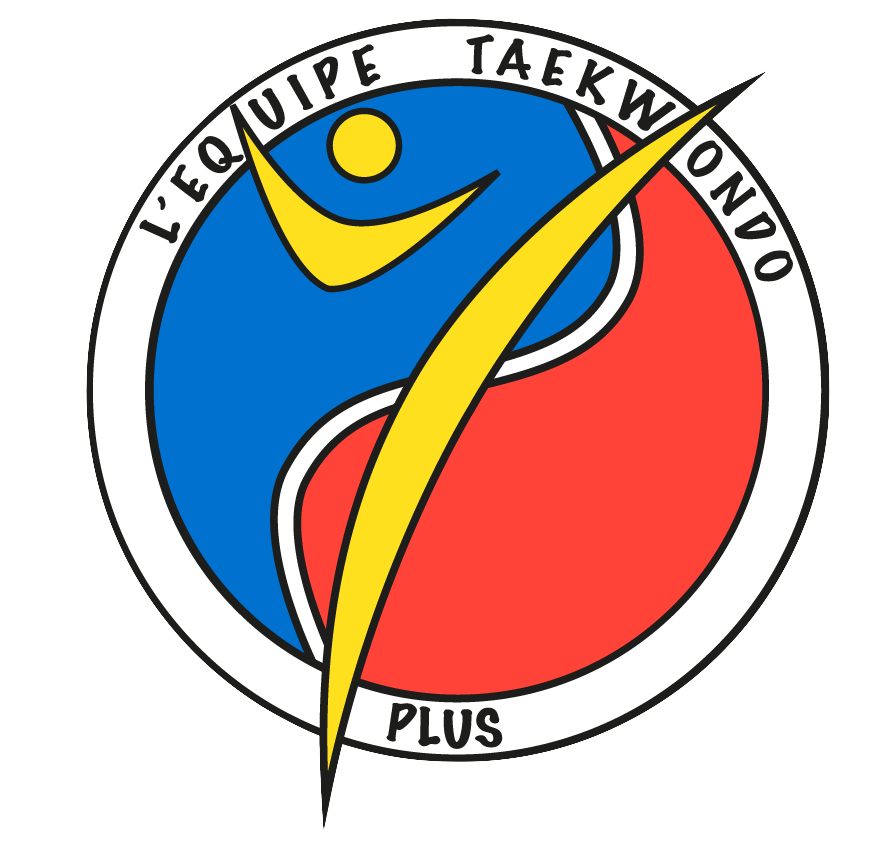 Logo de L'Équipe Taekwondo Plus avec un cercle bleu et rouge et une figure d'arts martiaux jaune