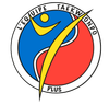 Logo de L'Équipe Taekwondo Plus avec un cercle bleu et rouge et une figure d'arts martiaux jaune