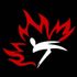 Figure stylisée blanche au milieu de flammes rouges sur fond noir, ressemblant à un logo ou à un emblème