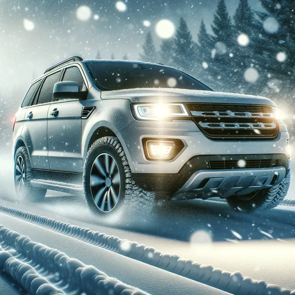 SUV driving on a snowy road in a winter forest, headlights on, snow falling.
