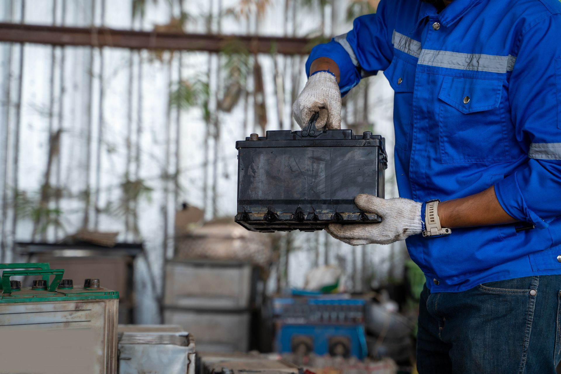 Mechanic in blue jumpsuit holds a car battery in a garage.