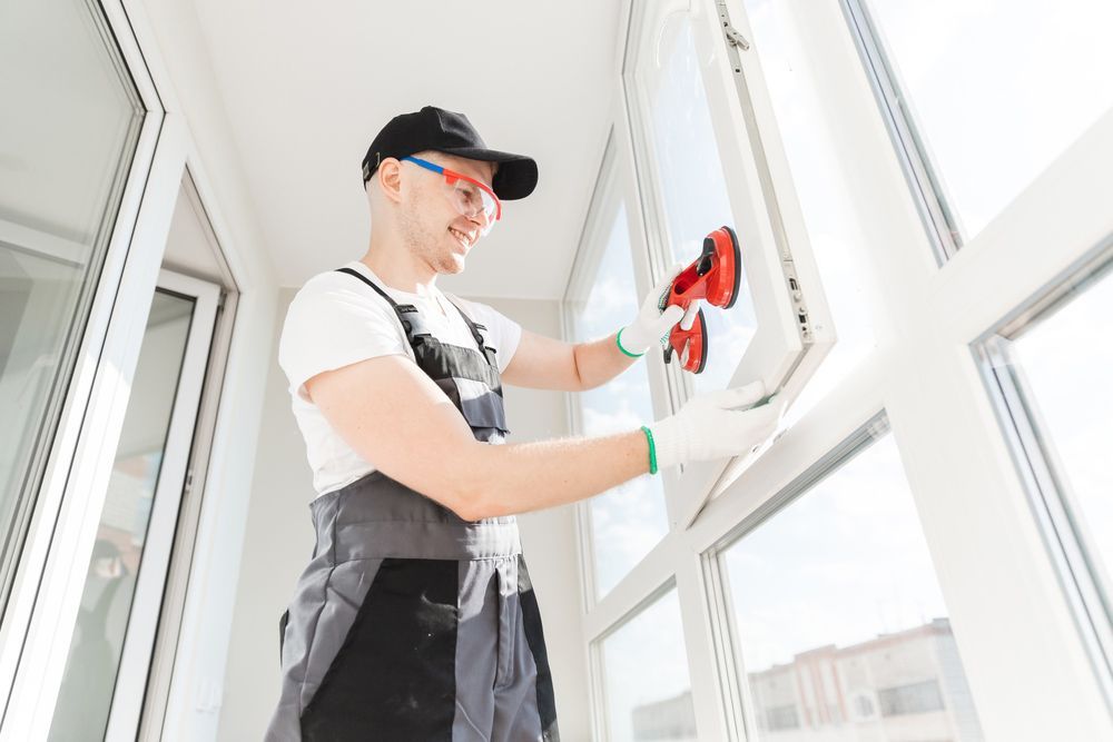 Man Is Installing A Window On A Balcony — Ezi Slide - Glass, Sliding, Track & Security Doors Repair in Ashmore, QLD