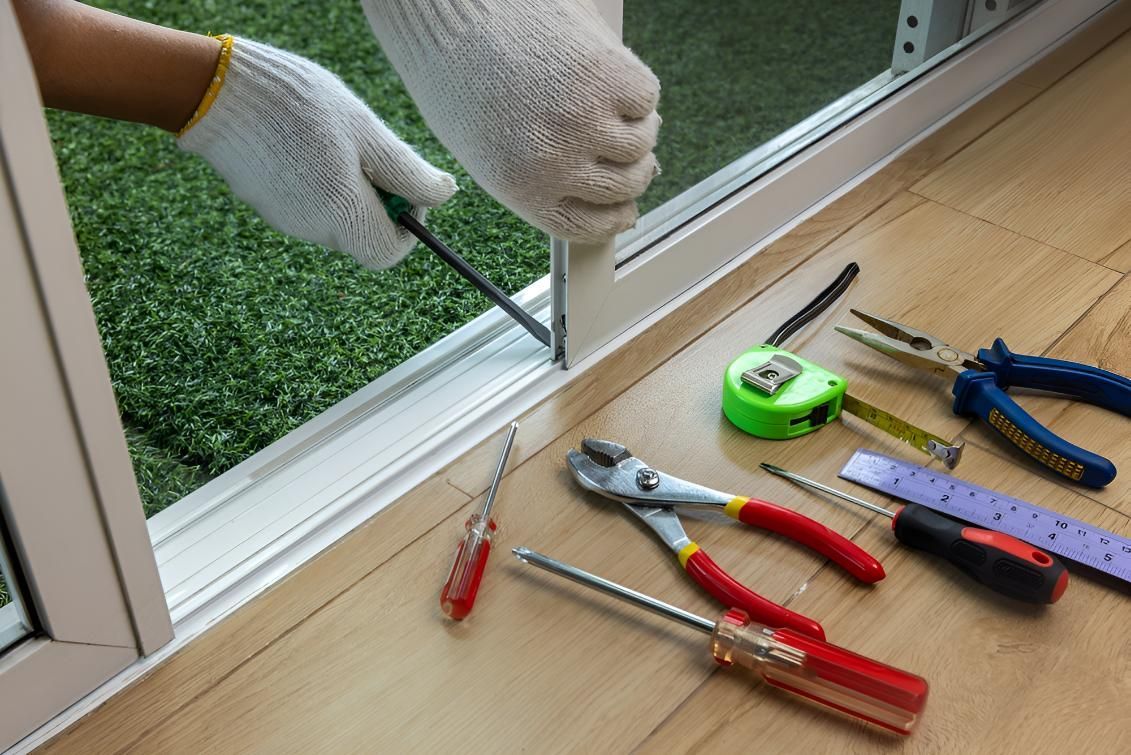 Person is Using a Screwdriver to Fix a Window — Ezi Slide - Glass, Sliding, Track & Security Doors Repair in Ashmore, QLD