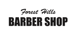 Logo for Forest Hills Barber Shop, featuring text in two different font styles.