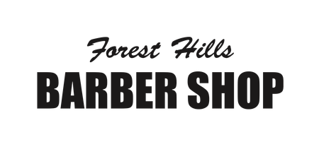 Logo for Forest Hills Barber Shop, featuring text in two different font styles.