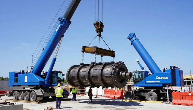 Dos grúas azules levantan un gran tanque cilíndrico en una obra de construcción.