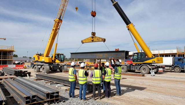 Un equipo de construcción guía una gran viga de acero entre dos grúas en una obra.