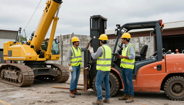 Obreros de la construcción con chalecos amarillos y cascos conversan junto a una grúa y una carretilla elevadora en una obra.