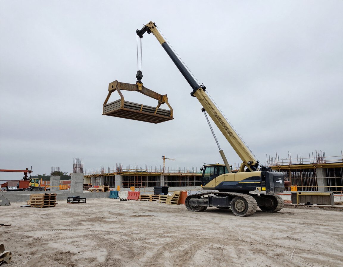 Grúa de construcción elevando una plataforma suspendida en una obra bajo un cielo nublado.