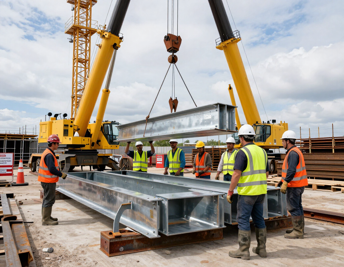 Obreros de la construcción guían una viga de acero izada por una gran grúa amarilla en una obra.