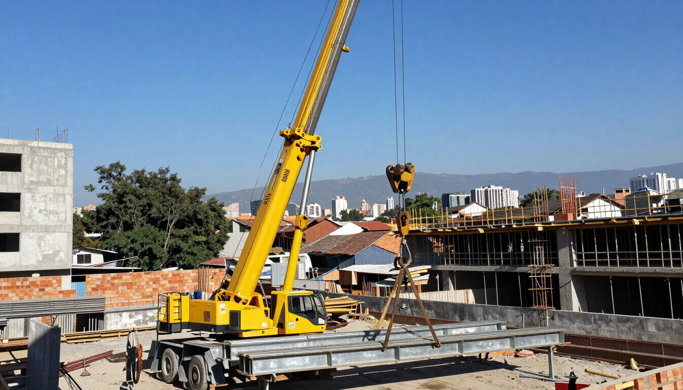 Una grúa amarilla eleva materiales en una obra en construcción con edificios sin terminar bajo un cielo azul despejado.