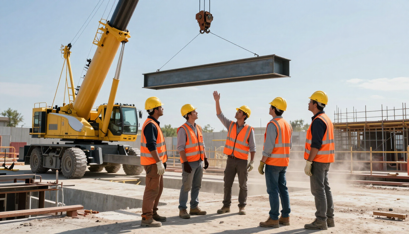 Un equipo de obreros de la construcción, con chalecos y cascos naranjas, guía una grúa que eleva una viga de acero en una obra.