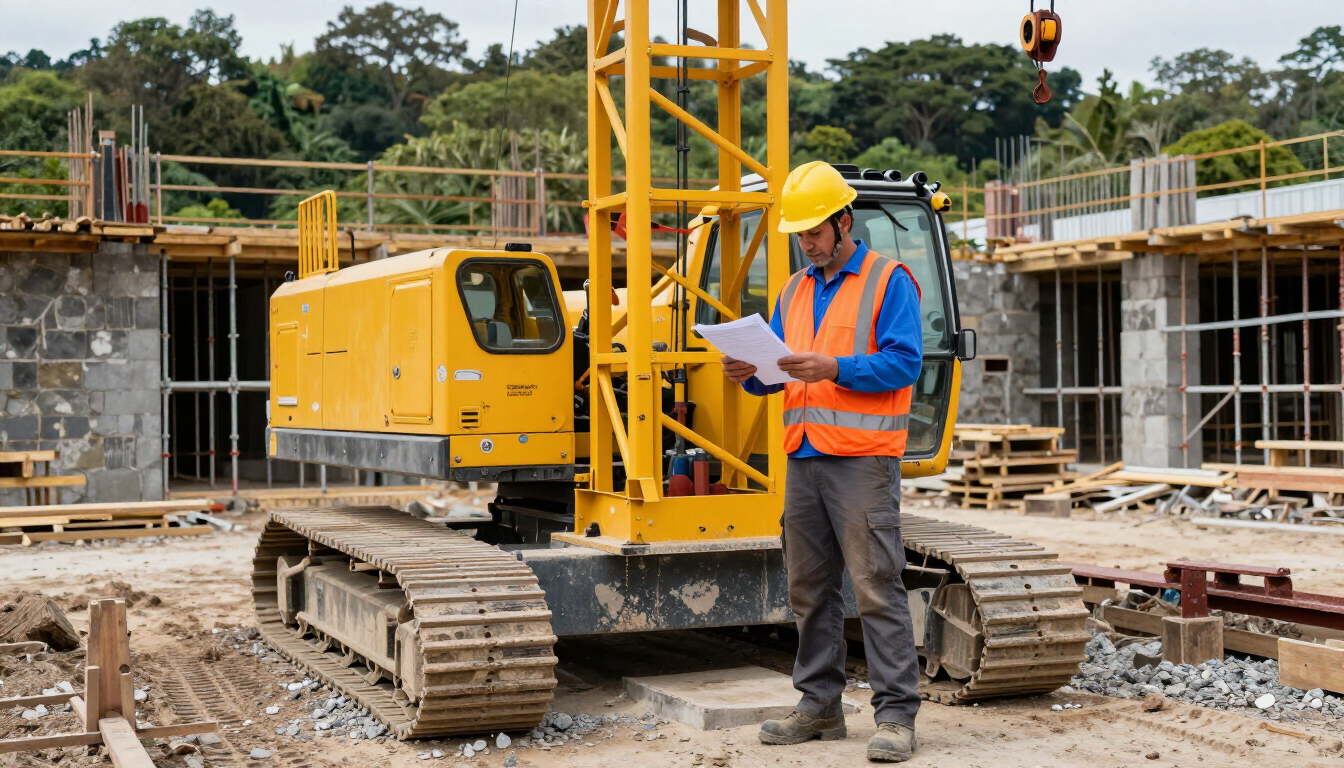 Obrero de la construcción con chaleco naranja y casco junto a una plataforma de perforación amarilla sobre orugas en una obra.