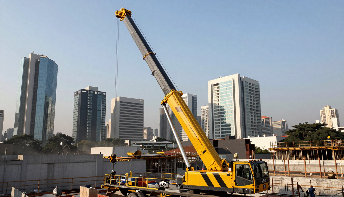 Grúa amarilla en una obra en construcción con rascacielos de la ciudad al fondo.