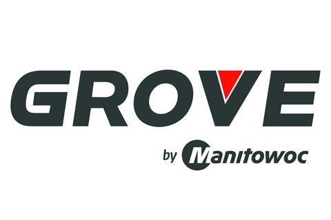 Logotipo de Grove by Manitowoc en negro y rojo sobre fondo blanco.