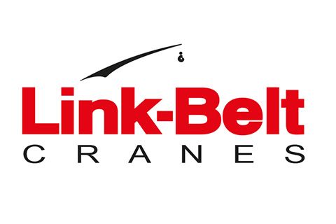 Logotipo de Link-Belt Cranes en rojo y negro con un gancho de grúa encima del texto.