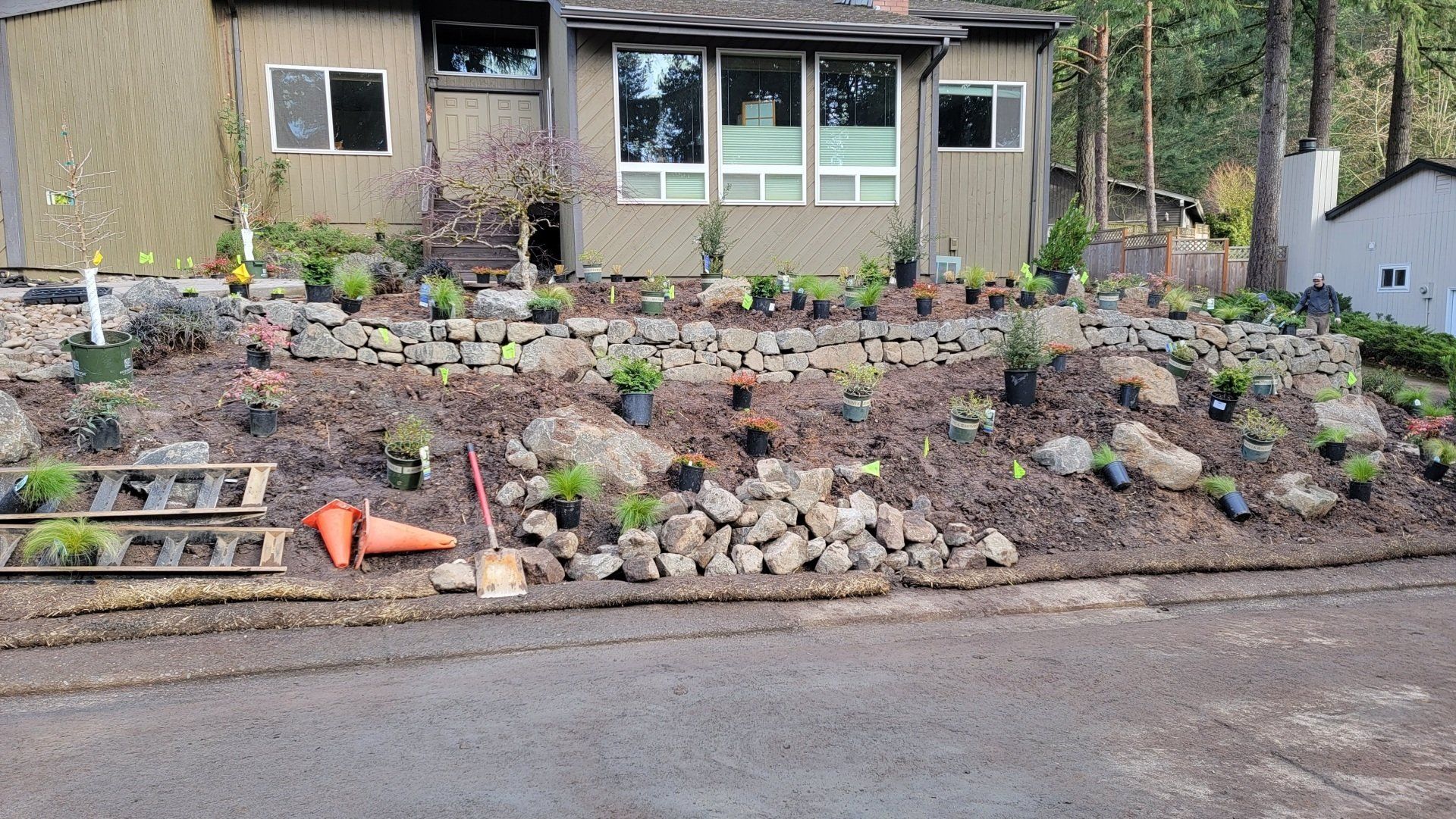 A house with a newly landscaped front yard. 