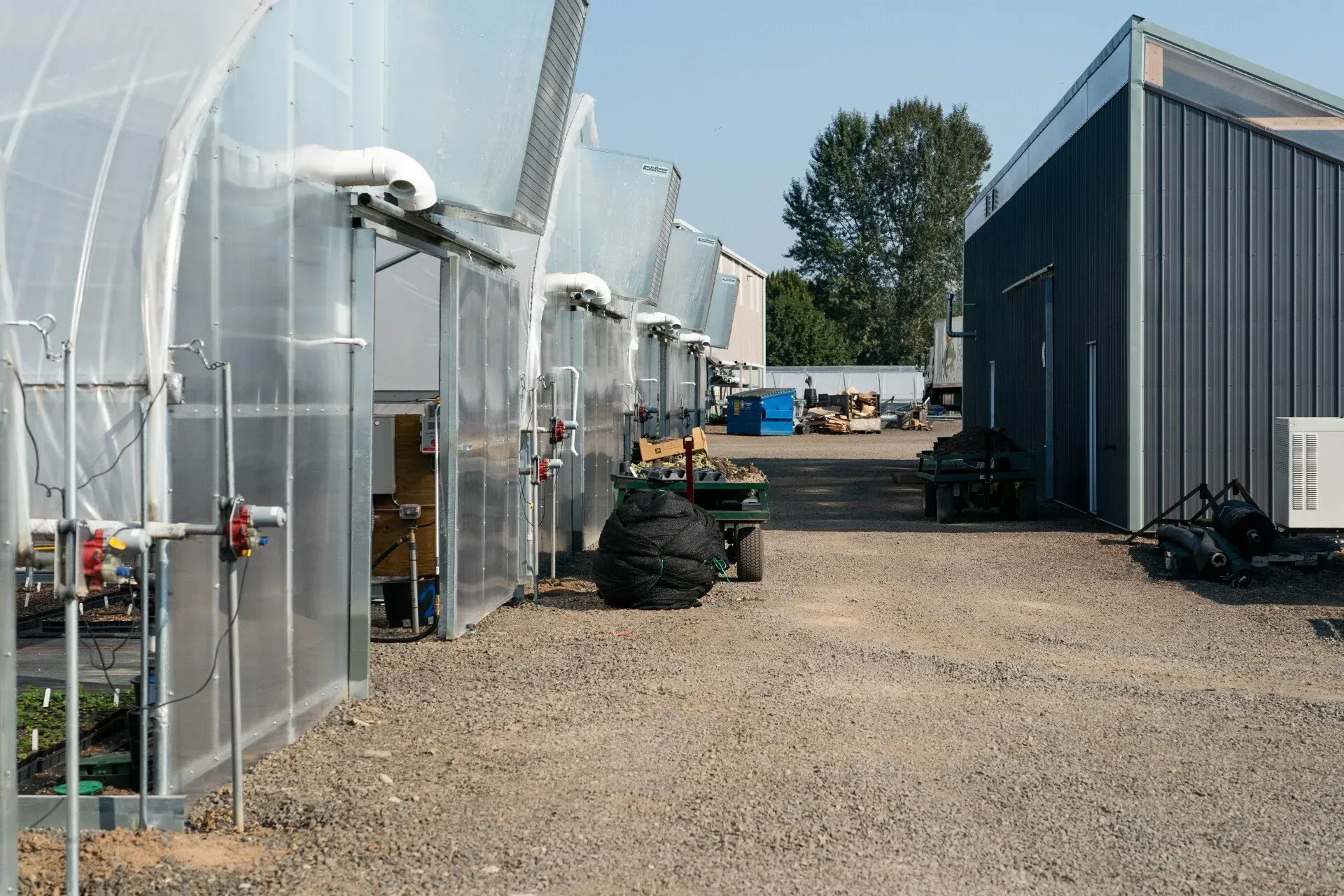 Rows of greenhouses and a metal-clad building on a gravel driveway. A tractor and other equipment sit between the buildings.