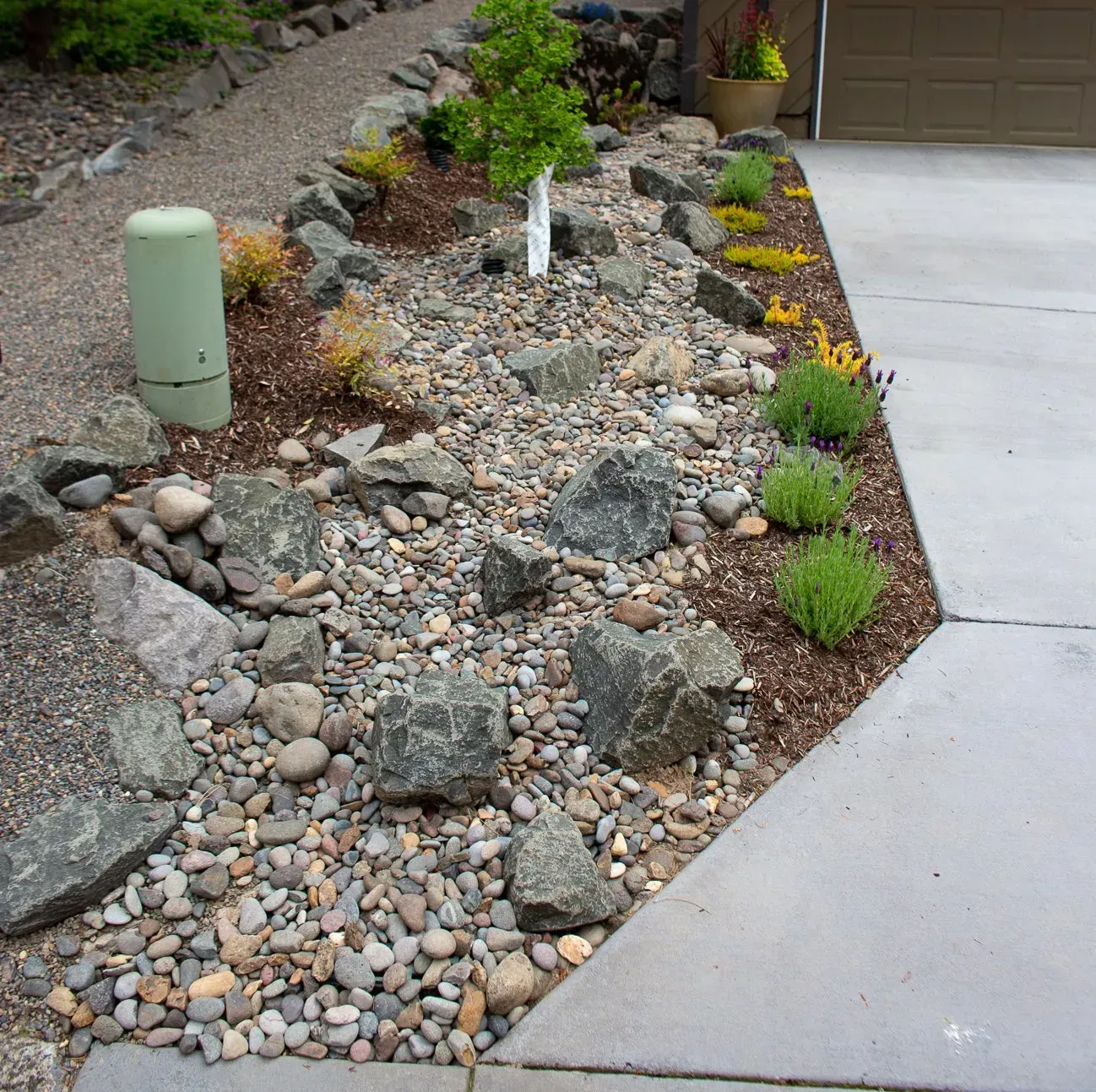 A rock garden with various sized rocks and small plants borders a concrete driveway.
