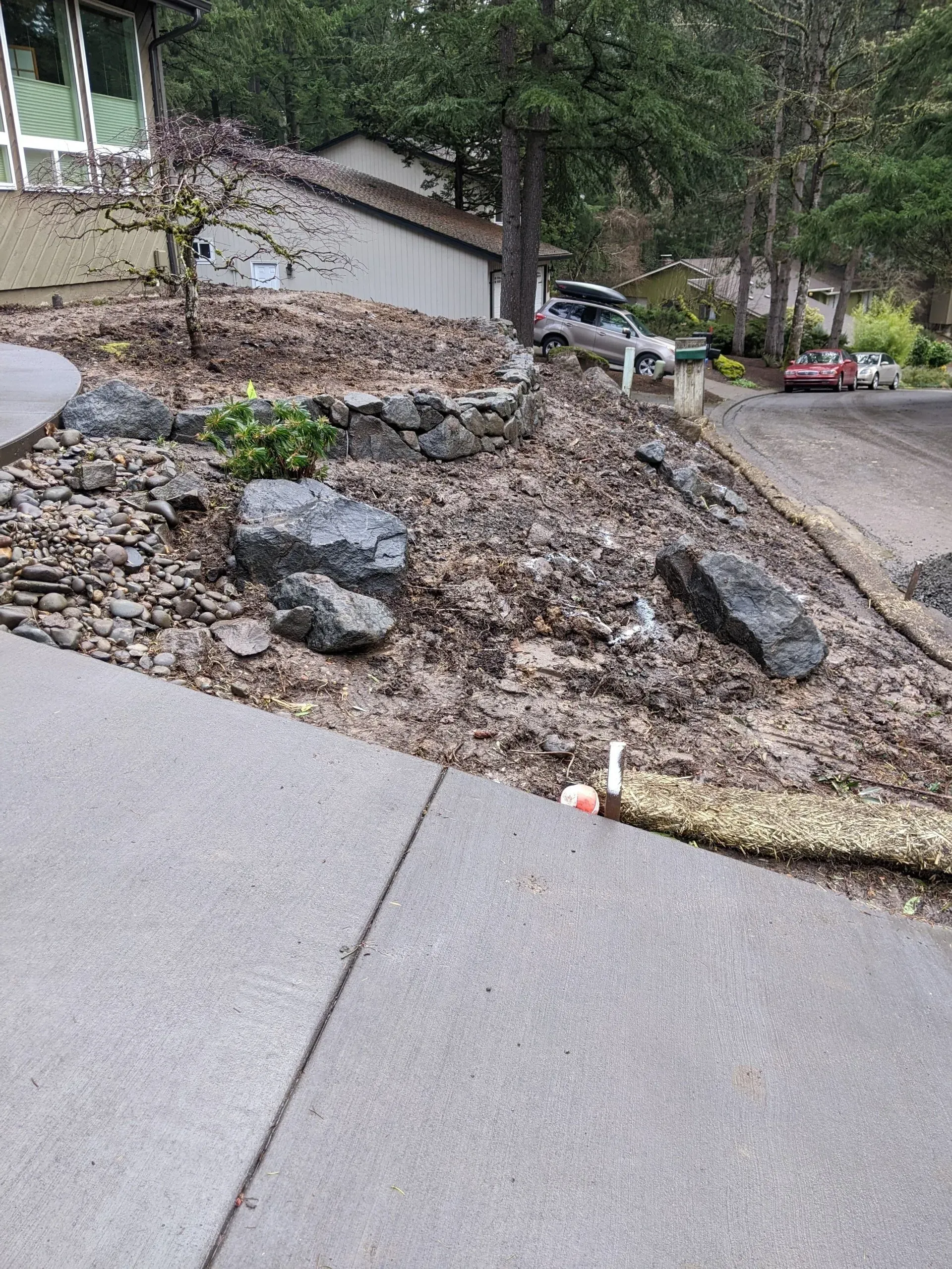 A sloped yard with large rocks and gravel next to a concrete driveway. A house and parked cars are in the background.