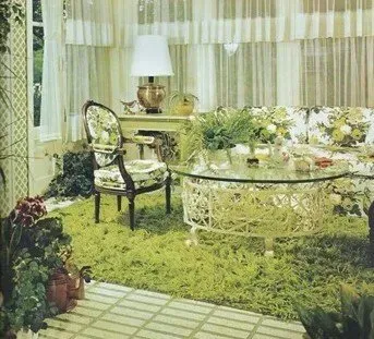 Living room with floral patterned furniture and a light green shag carpet.
