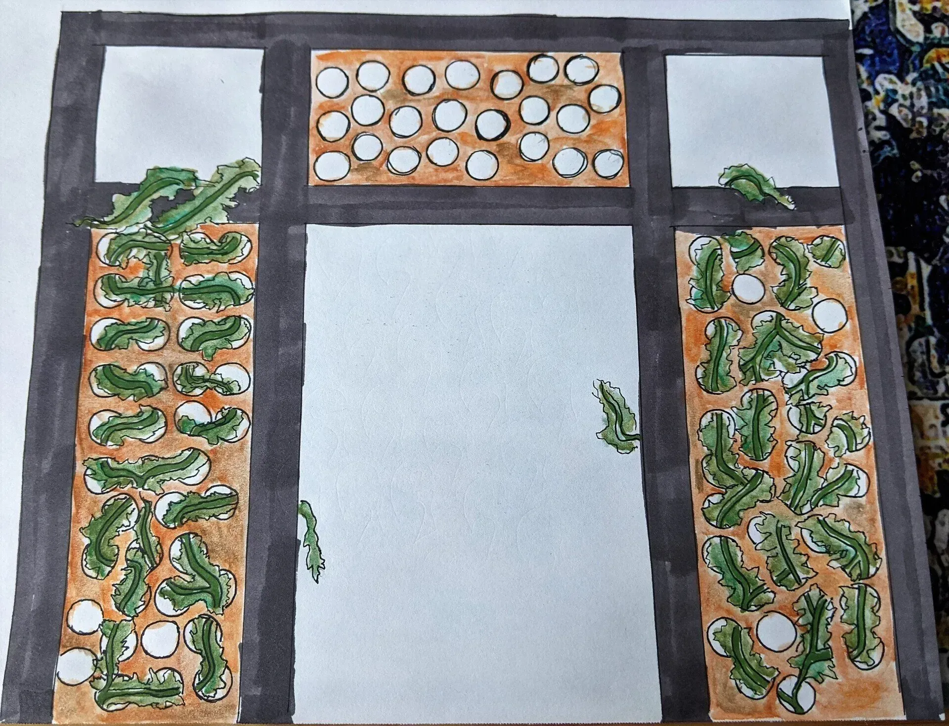 Watercolor illustration of a doorway with dark gray frame.