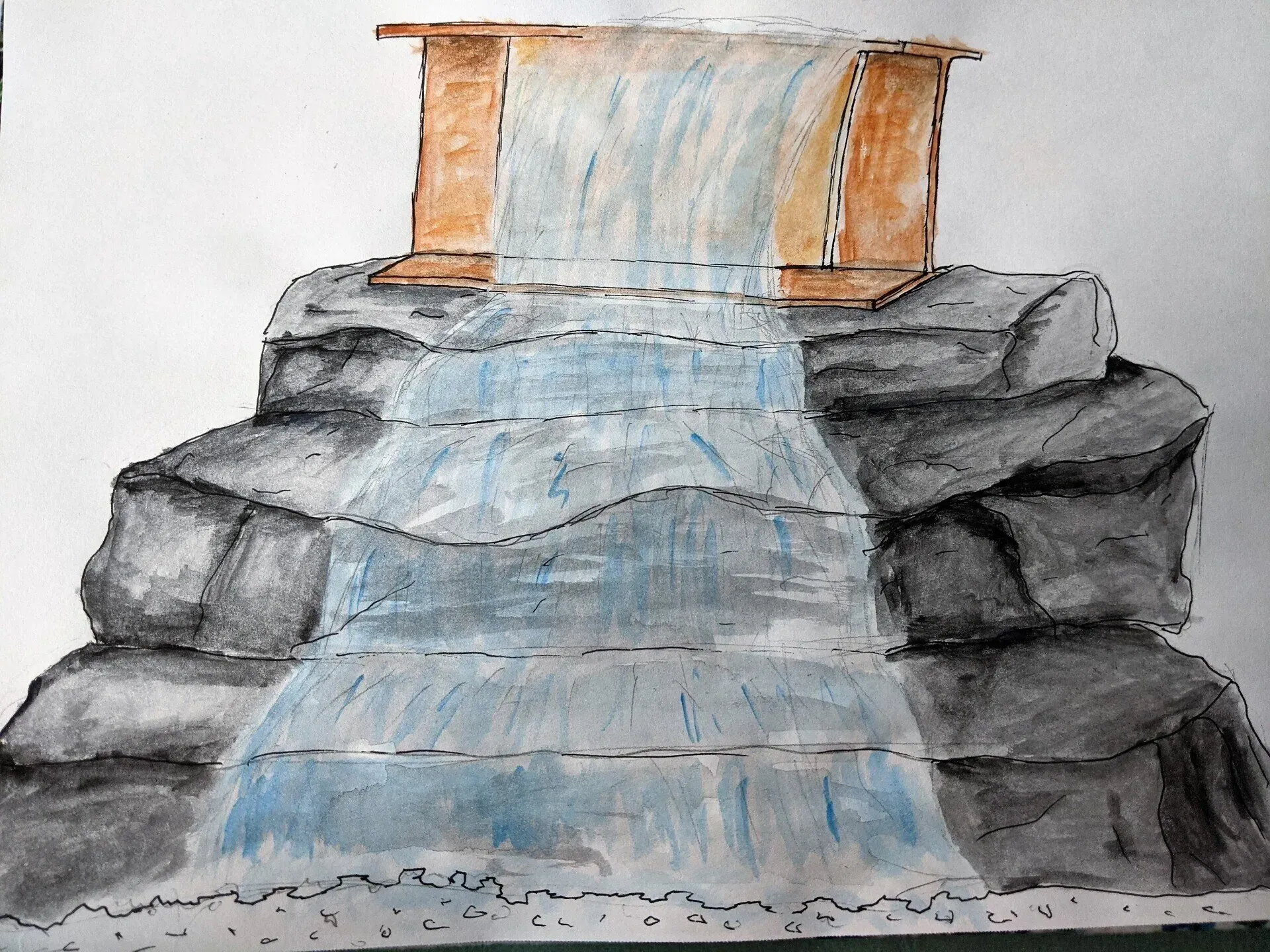 A watercolor painting of a waterfall cascading over layered gray rocks. Water flows from a wooden structure above.