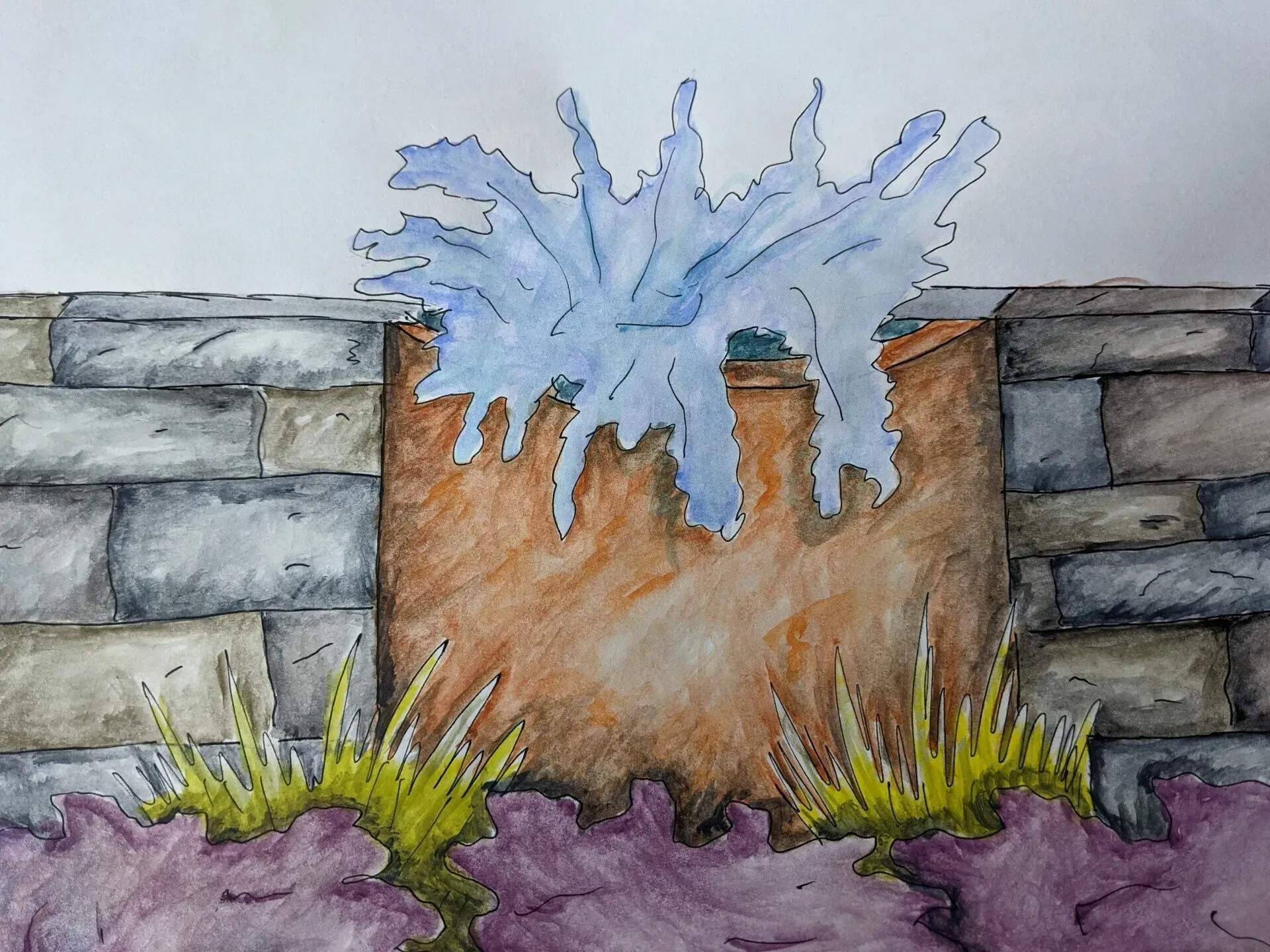 Watercolor drawing of a brick wall with a brown square inset.