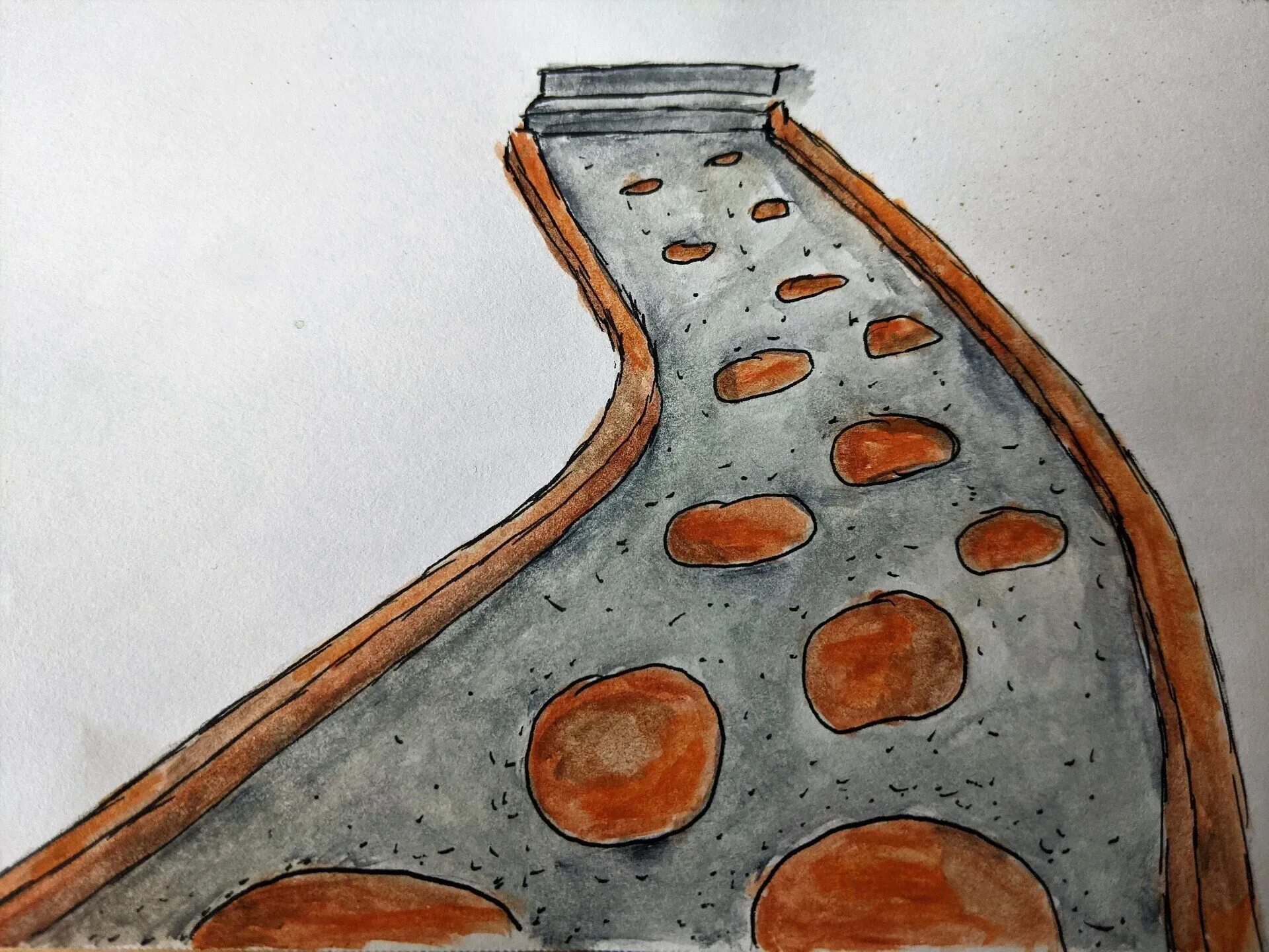 Watercolor illustration of a slice of pizza, gray base with round orange pepperoni and a brown crust.