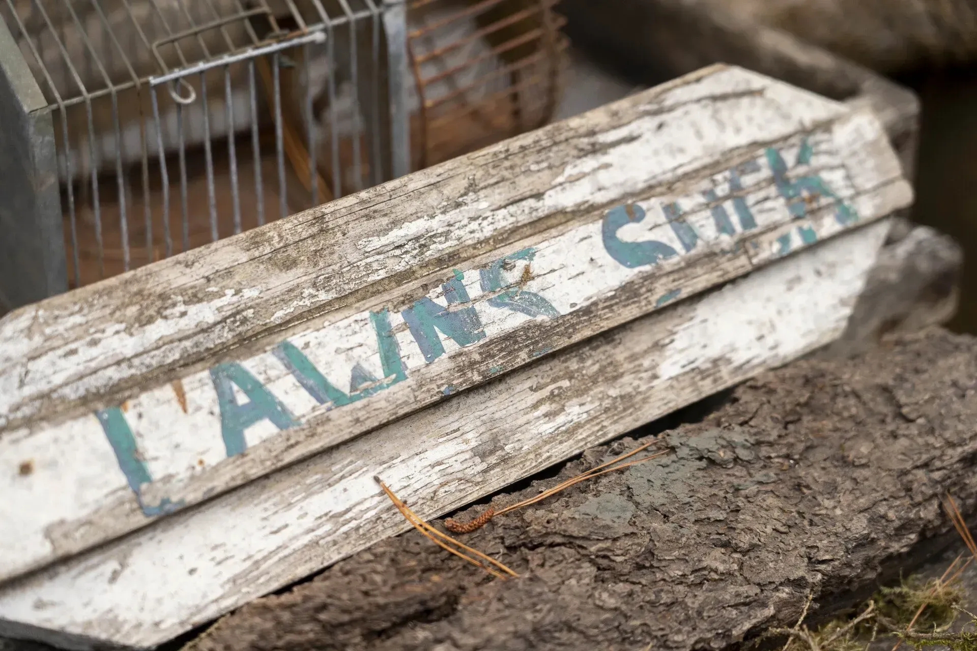 Weathered wooden sign with blue text reading 